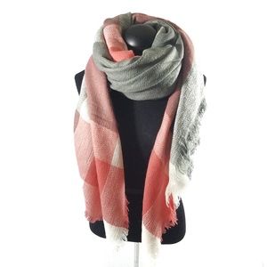Pink Gray and Cream Soft Plaid Blanket Scarf